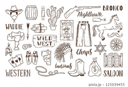 Cowboy doodle elements. Western collection, hand drawn salon wooden gates, horse, gun, cowboy boots. Isolated wild west symbols, neoteric vector set Cowboy doodle elements. Western collection, hand drawn salon wooden gates, horse, gun, cowboy boots. Isolated wild west symbols, neoteric vector set 125039455