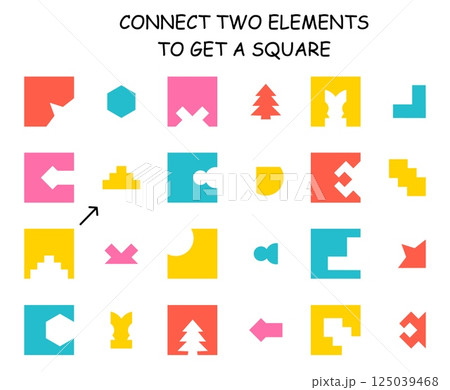 Connect two elements game. Cutting geometric shapes, educational play with squares. Children play, kindergarten or preschool nowaday vector template Connect two elements game. Cutting geometric shapes, educational play with squares. Children play, kindergarten or preschool nowaday vector template 125039468