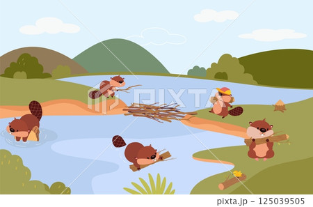 Beavers building. Cartoon beaver team build dam on river from wooden logs. Wild animals working together, funny nature characters, nowaday vector scene Beavers building. Cartoon beaver team build dam on river from wooden logs. Wild animals working together, funny nature characters, nowaday vector scene 125039505