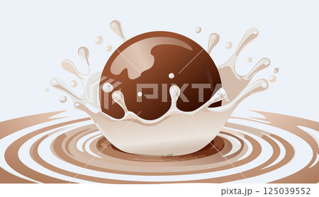 Delicious chocolate ball splashing into creamy milk. Vector illustration of sweet dessert splash Delicious chocolate ball splashing into creamy milk. Vector illustration of sweet dessert splash 125039552