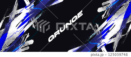 Grunge Sports Banner with Blue and White Brush Strokes on Black Background in Halftone Style 125039748