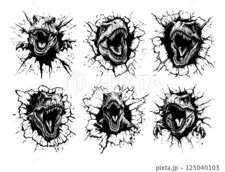 Tyrannosaurus concepts black ink sketch vector set. Enraged teeth wide open jaw wrathful armored reptile raptor trex burrowing out, carnivore colossal dinosaur stalker beast isolated 125040103
