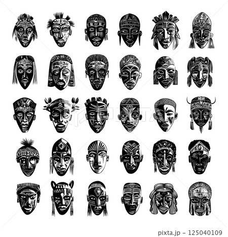 Tribal african masks black ink sketch vector set. Female male face totemic ritual cult accessories, fiend demon fetish ancient native visors idol covers, isolated illustrations on white backdrop 125040109