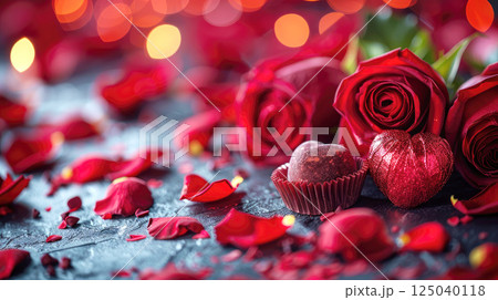 A background with bouquet of red roses, candles, heart shaped chocolates, petals. 125040118