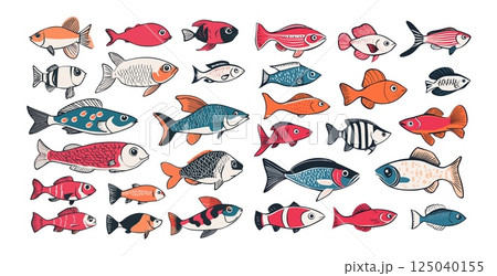 Marine fresh water fish cartoon vector collection. Mackerel tuna sardine sea bass sturgeon submerged fins gilled scaled life, seafood ocean dwellers, isolated illustration on white 125040155