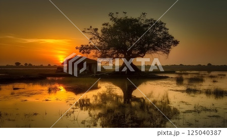 Golden sunset over a serene rural landscape with a large tree, a thatched hut, and calm reflective water in a remote natural setting. 125040387
