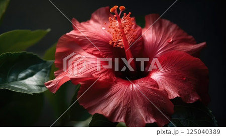 Vibrant Red Hibiscus Flower with Dew Drops Close Up Against Dark Background Highlighting Detailed Petals and Stamen in Natural Setting 125040389