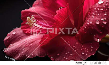 Dew Kissed Red Hibiscus Close Up with Detailed Petals and Stamen Against a Dark Background Highlighting Vibrant Color and Natural Beauty Dew Kissed Red Hibiscus Close Up with Detailed Petals and Stamen Against a Dark Background Highlighting Vibrant Color and Natural Beauty 125040390