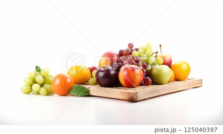 Assorted Fresh Fruits Including Oranges Apples Grapes and Pears on White Background Healthy and Vibrant Source of Vitamins 125040397