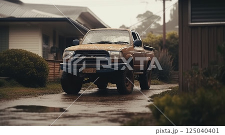 Muddy Pickup Truck Parked in a Rainy Suburban Driveway with Wet Road and Overcast Sky Muddy Pickup Truck Parked in a Rainy Suburban Driveway with Wet Road and Overcast Sky 125040401