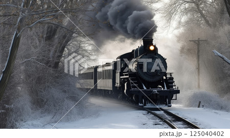 Historic Steam Locomotive in Winter Snowy Landscape with Trees and Smoke 125040402