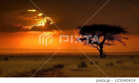 Stunning African Sunset with Silhouetted Acacia Tree on the Savannah with Orange and Red Sky Stunning African Sunset with Silhouetted Acacia Tree on the Savannah with Orange and Red Sky 125040414