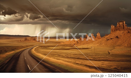 Dramatic Desert Landscape with Storm Clouds and Rock Formations along an Empty Road in Golden Light Dramatic Desert Landscape with Storm Clouds and Rock Formations along an Empty Road in Golden Light 125040415