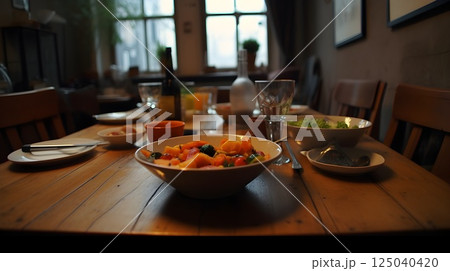 Cozy dining room with wooden table set for a meal featuring a colorful salad and assorted dishes in warm natural light from large windows, creating a homely and inviting atmosphere. Cozy dining room with wooden table set for a meal featuring a colorful salad and assorted dishes in warm natural light from large windows, creating a homely and inviting atmosphere. 125040420