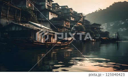 Scenic view of traditional riverside houses and wooden boats at dawn in a misty mountain village with soft warm light and serene reflections on the calm water. 125040423