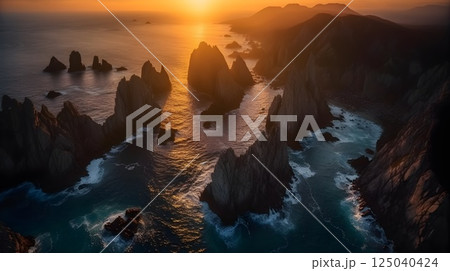 Dramatic coastal cliffs and rock formations illuminated by the warm hues of a setting sun over a serene ocean landscape. Dramatic coastal cliffs and rock formations illuminated by the warm hues of a setting sun over a serene ocean landscape. 125040424