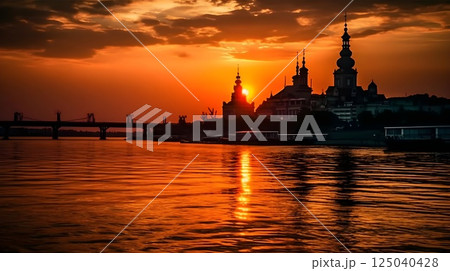 Stunning sunset over a tranquil river with silhouette of a historic temple and bridge reflecting vibrant orange hues in the sky and water creating a serene and picturesque evening scene. 125040428