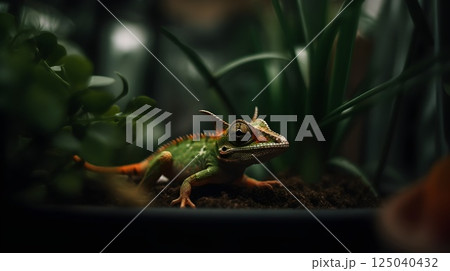Colorful chameleon blending with lush green foliage in a dark and serene terrarium setting showcasing its vibrant skin and intricate texture. 125040432