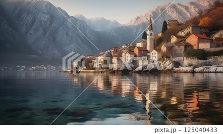 Scenic coastal village with colorful houses and church tower nestled against majestic snow capped mountains reflecting on tranquil water during sunset. Scenic coastal village with colorful houses and church tower nestled against majestic snow capped mountains reflecting on tranquil water during sunset. 125040433