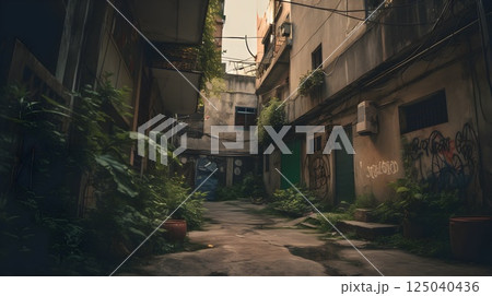 Urban alleyway with lush green plants and graffiti-covered walls in a weathered residential area during a calm afternoon. 125040436
