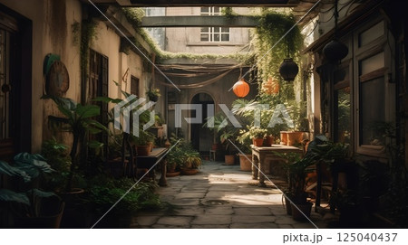 Charming Courtyard with Lush Green Plants and Hanging Lanterns in a Sunlit Urban Alleyway Featuring Rustic Stone Pathway and Vintage Architecture 125040437