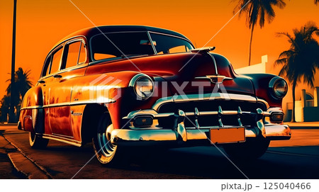 Vintage Classic Car at Sunset with Palm Trees and Orange Sky in Tropical City Street Vintage Classic Car at Sunset with Palm Trees and Orange Sky in Tropical City Street 125040466