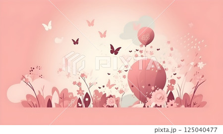 Whimsical Pink Floral Landscape with Butterflies in Soft Pastel Colors, Featuring Delicate Flowers and Balloons in a Dreamy Garden Scene Whimsical Pink Floral Landscape with Butterflies in Soft Pastel Colors, Featuring Delicate Flowers and Balloons in a Dreamy Garden Scene 125040477