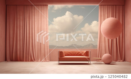 Elegant pink themed studio with soft pink curtains, modern furniture, and a large window showcasing a mountain view and bright sky background Elegant pink themed studio with soft pink curtains, modern furniture, and a large window showcasing a mountain view and bright sky background 125040482