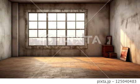 Empty rustic old room with large window and dirty walls in an apartment or studio with a cityscape background Empty rustic old room with large window and dirty walls in an apartment or studio with a cityscape background 125040483