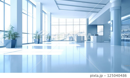 Bright and Modern White Office Hall with Large Windows and Plants for Commercial or Health Concept Bright and Modern White Office Hall with Large Windows and Plants for Commercial or Health Concept 125040486