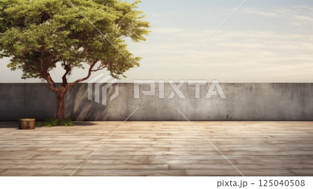 Spacious Outdoor Backyard Deck with Tree and Concrete Wall Under Clear Sky Spacious Outdoor Backyard Deck with Tree and Concrete Wall Under Clear Sky 125040508