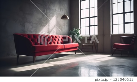 Industrial Style Living Room with Red Sofa and Large Windows in Natural Light 125040513