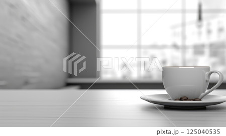 Cozy Coffee Break with a White Cup on Wooden Desk with Blurred Window copy space for text. Cozy Coffee Break with a White Cup on Wooden Desk with Blurred Window copy space for text. 125040535