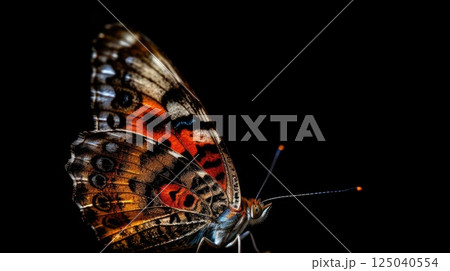 Vibrant Painted Lady Butterfly Profile on a Stark Black Background Vibrant Painted Lady Butterfly Profile on a Stark Black Background 125040554