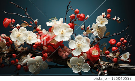 Spring Elegance, Red and White Cherry Blossoms on Teal Studio Backdrop 125040558