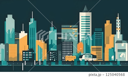 Simple illustration of city scape skyscraper high rise building, car and train. 125040568