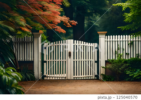 Elegant White Wooden Gate Amidst Lush Greenery and Autumn Foliage 125040570