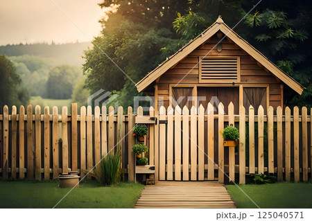Wooden Cabin with Picket Fence Amidst Lush Greenery and Rolling Hills at Sunset Wooden Cabin with Picket Fence Amidst Lush Greenery and Rolling Hills at Sunset 125040571