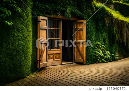 Old Wooden Door hidden in a green Garden, Surrounded by Lush Greenery on a Cobblestone Pathway 125040572