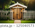 Elegant Wooden Entrance Amidst Lush Greenery, Illuminated by Soft Natural Light 125040573