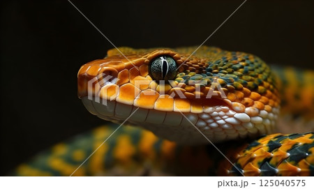 Close up dangerous deadly poisonous cobra snake on black background. 125040575