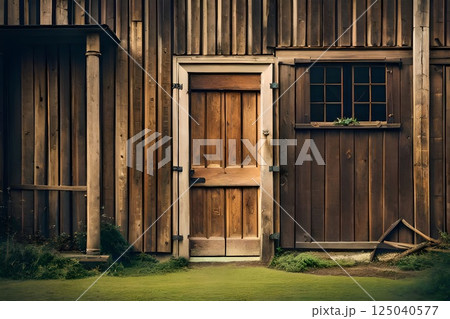 Vintage Wooden Door on a Rustic Brown Cabin Surrounded by Greenery 125040577