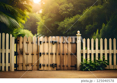 Golden Hour Glow on Rustic Wooden Gate Amidst Lush Greenery Golden Hour Glow on Rustic Wooden Gate Amidst Lush Greenery 125040578