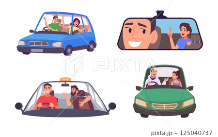People inside car. Driving people talking when drive vehicles small talk dialogue in different situations exact vector trevellers 125040737
