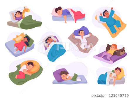Sleeping kids. Peacefully adorable kids sleeping or relaxing in cozy places exact vector illustrations set in cartoon style 125040739