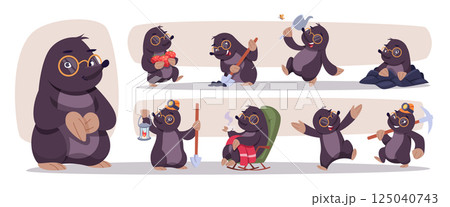 Mole. Wild animal in cartoon style exact vector funny mole in different poses Mole. Wild animal in cartoon style exact vector funny mole in different poses 125040743