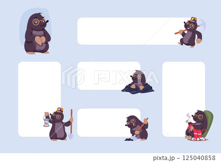 Mole banners. vector web banners templates with funny mascots mole in different poses 125040858