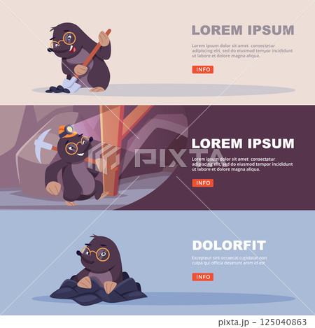 Happy mole. vector banners with pictures of digger wild animal 125040863