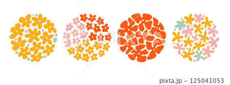 Abstract retro groovy posters with flowers. Three floral flat vector composition in round form. Suitable for decoration, posters, t shirt print, social media graphics, wall art, printout Abstract retro groovy posters with flowers. Three floral flat vector composition in round form. Suitable for decoration, posters, t shirt print, social media graphics, wall art, printout 125041053