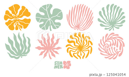 Set with abstract minimalist boho trendy leaves in mid century style. Silhouette of palm leaves in a square, circle, semicircle, rectangle in an earthy palette. Set with abstract minimalist boho trendy leaves in mid century style. Silhouette of palm leaves in a square, circle, semicircle, rectangle in an earthy palette. 125041054